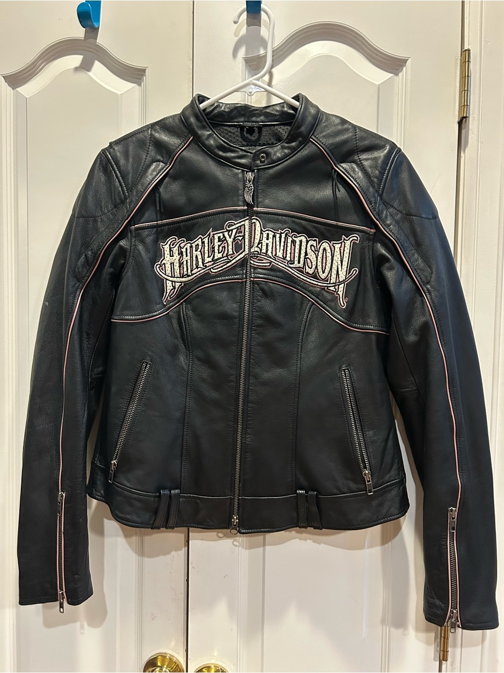 Harley-Davidson Black Leather Women's Moto Jacket with Pink Piping